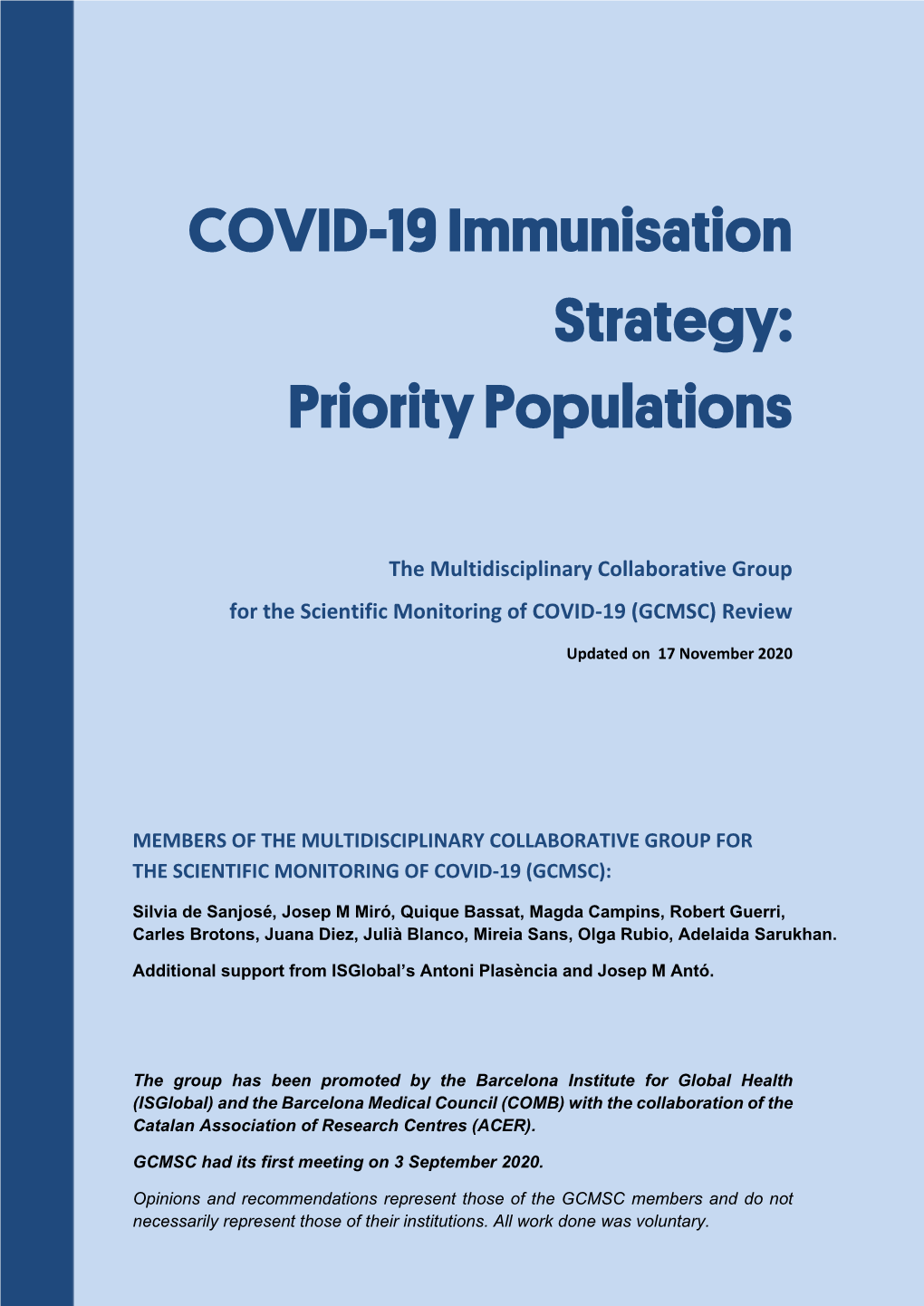 COVID-19 Immunisation Strategy: Priority Populations