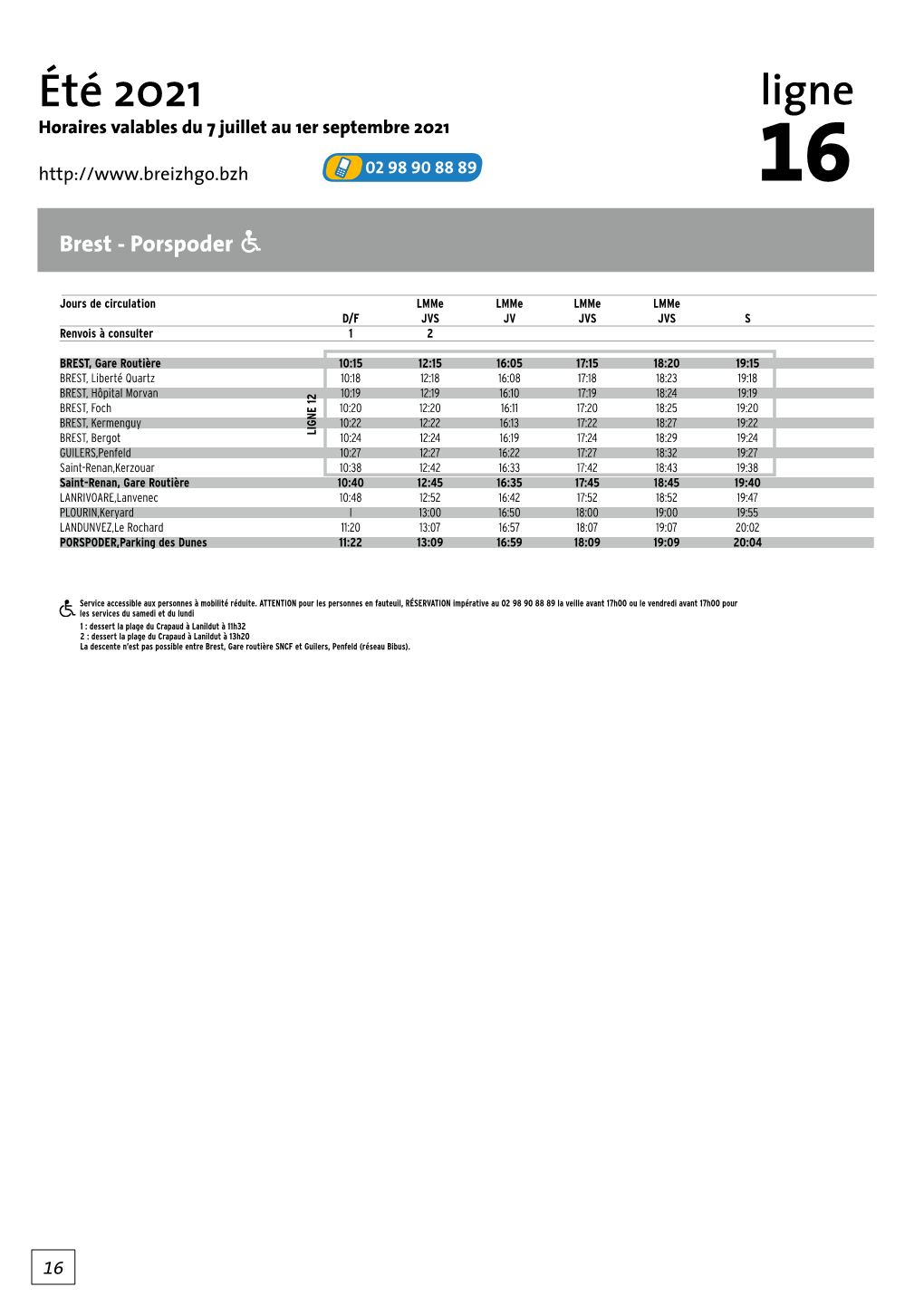 Été 2021 Ligne Horaires Valables Du 7 Juillet Au 1Er Septembre 2021 16 Brest - Porspoder