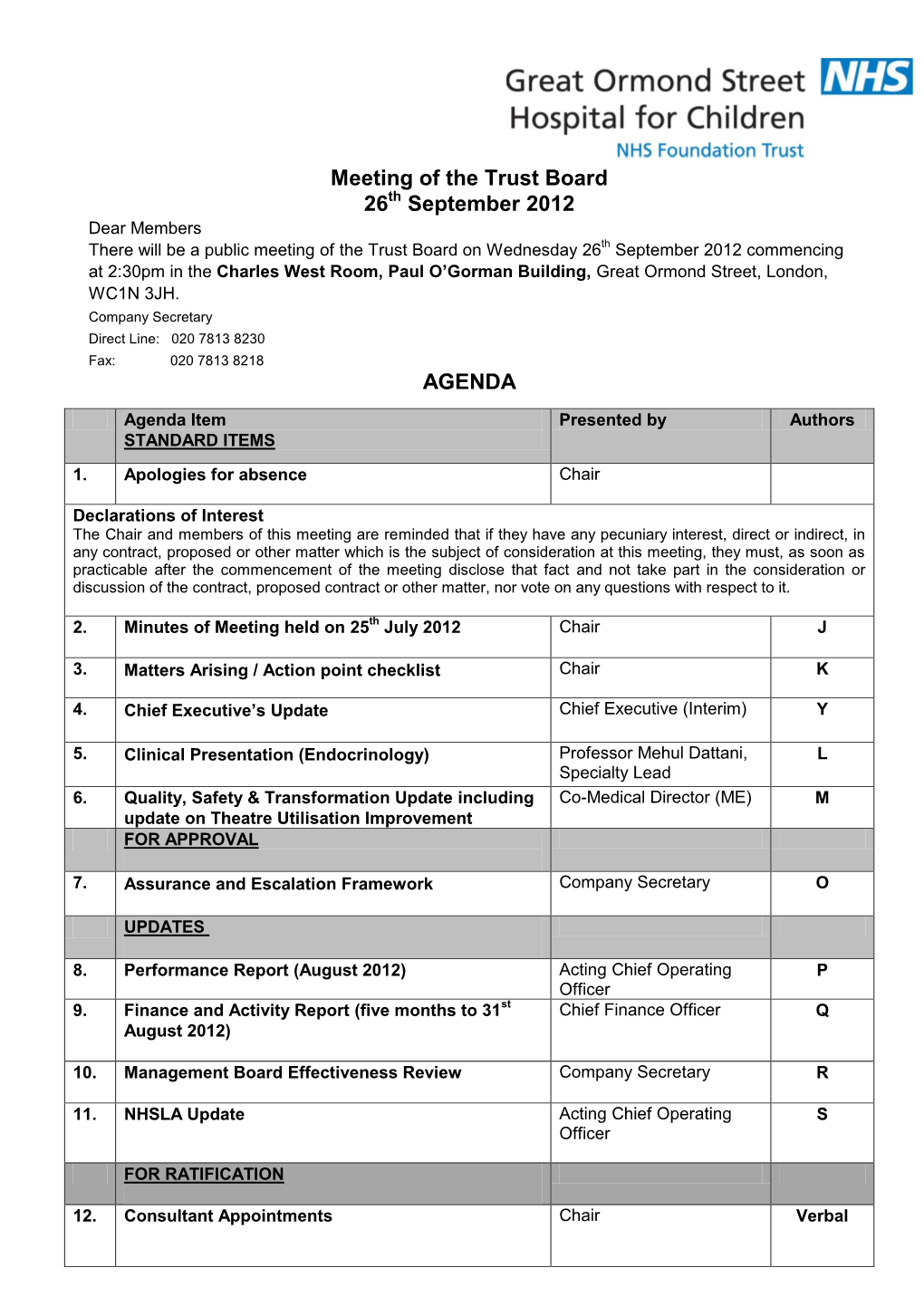 Meeting of the Trust Board 26 September 2012 AGENDA
