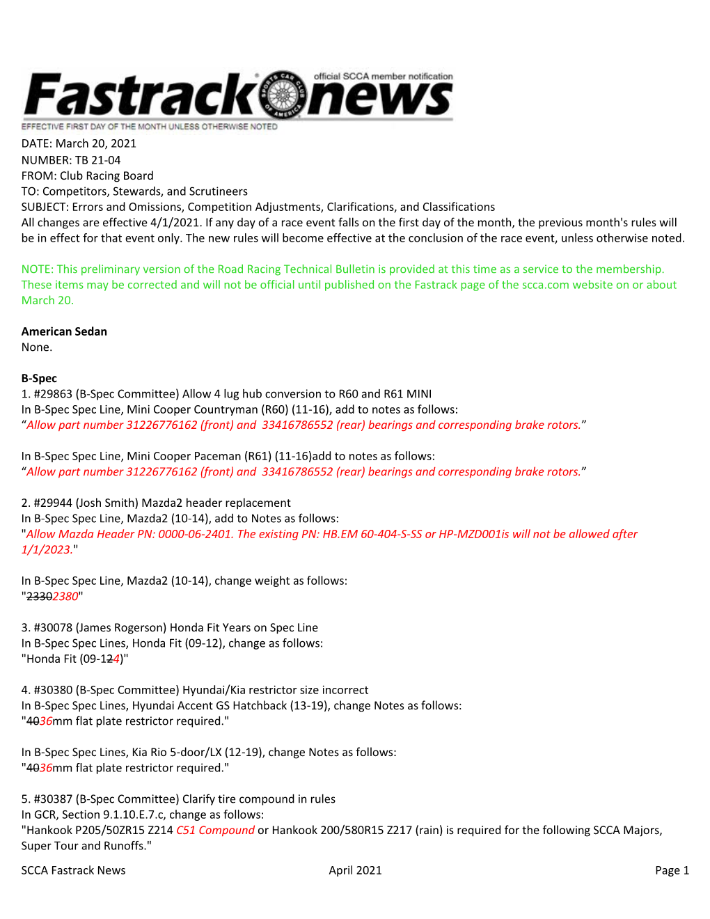 SCCA Fastrack News April 2021 Page 1 DATE