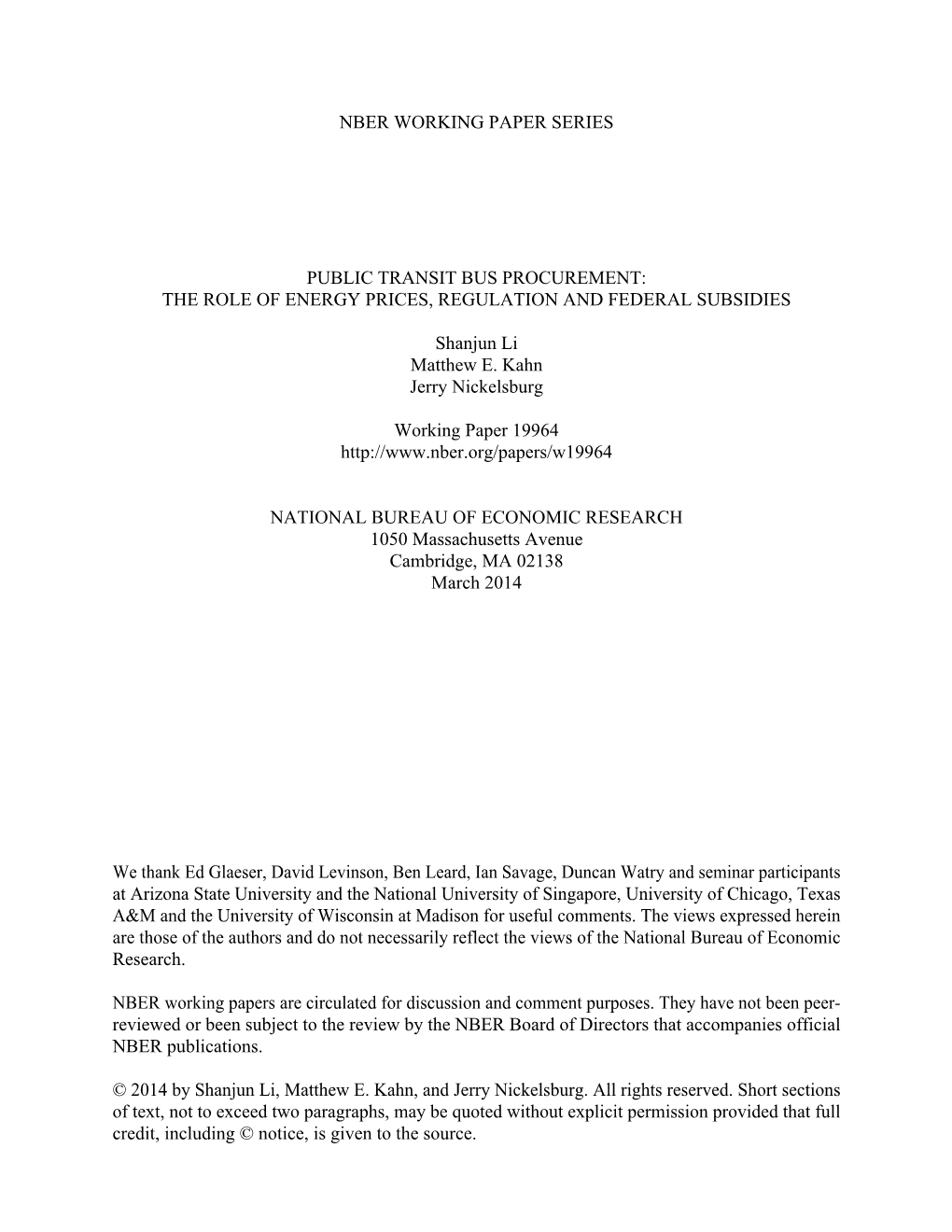 Nber Working Paper Series Public Transit Bus