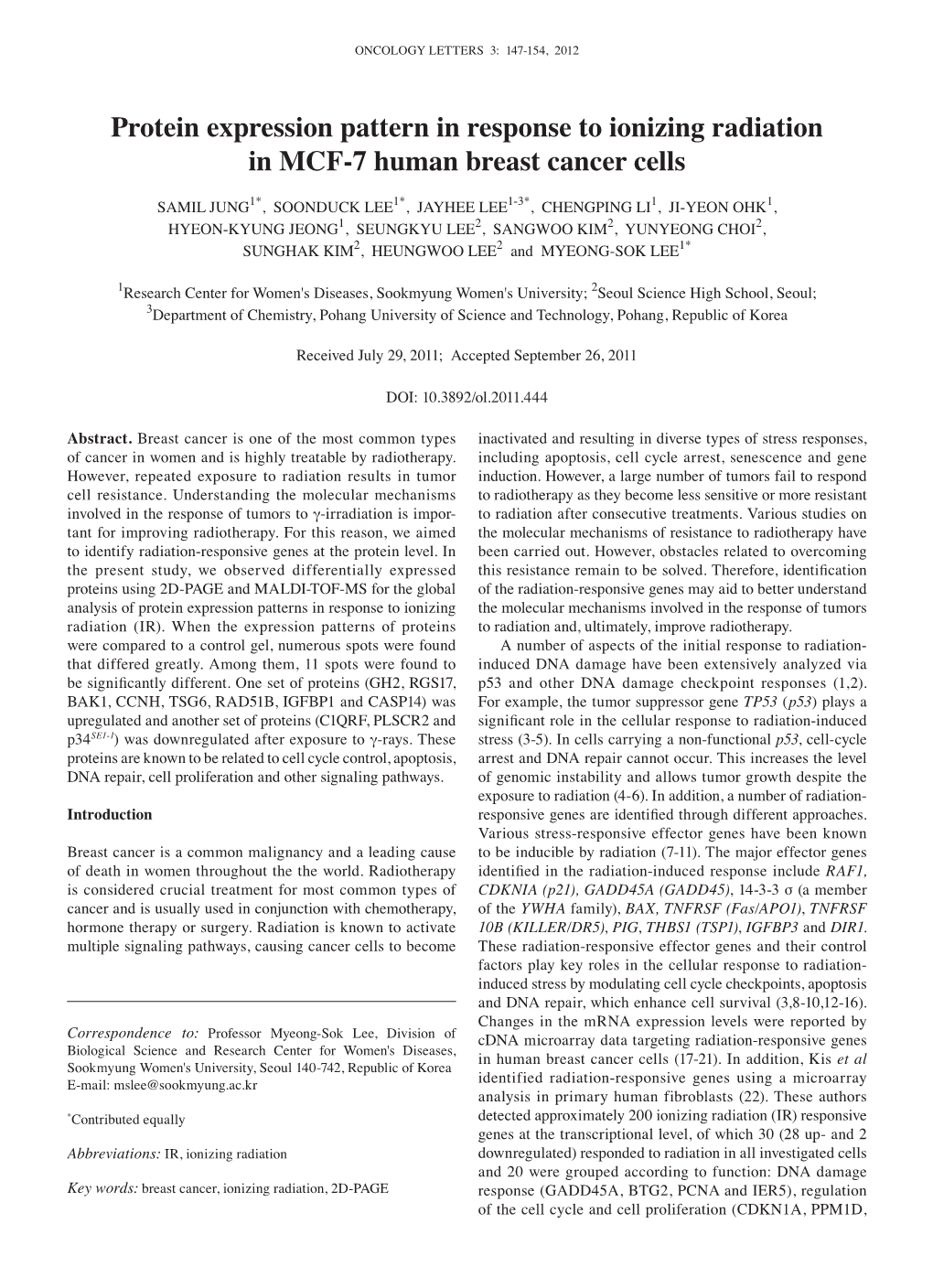 Protein Expression Pattern in Response to Ionizing Radiation in MCF-7 Human Breast Cancer Cells