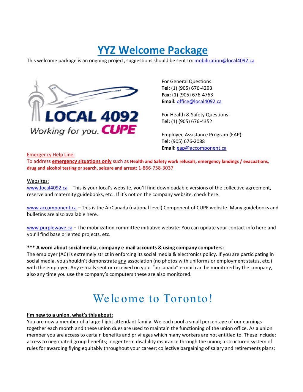 YYZ Welcome Package Welcome to Toronto!