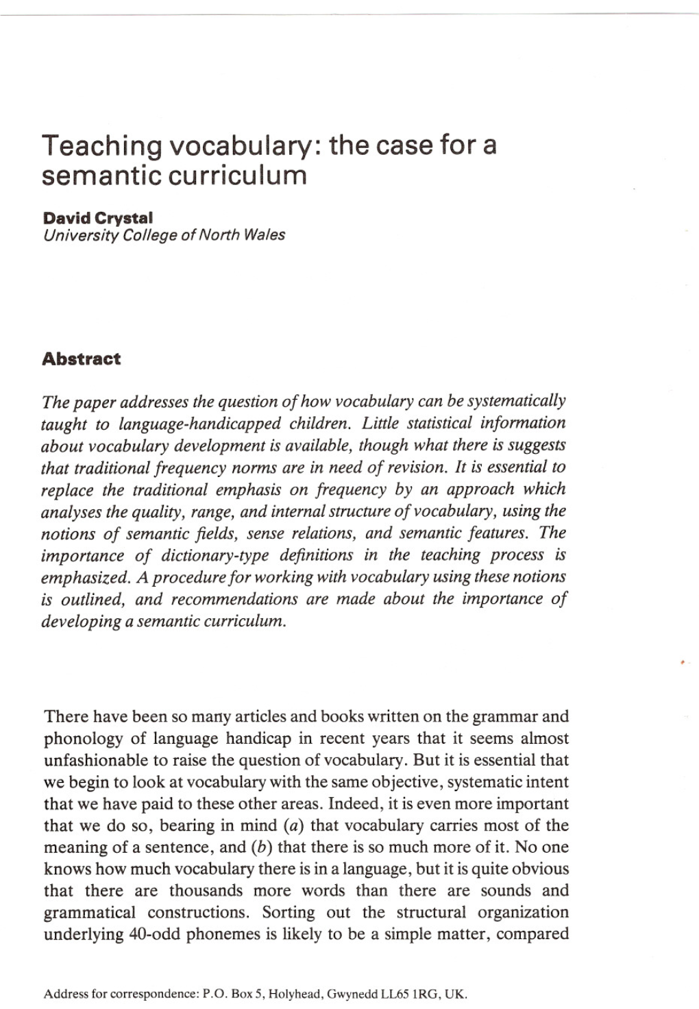 Teaching Vocabulary: the Case for a Semantic Curriculum