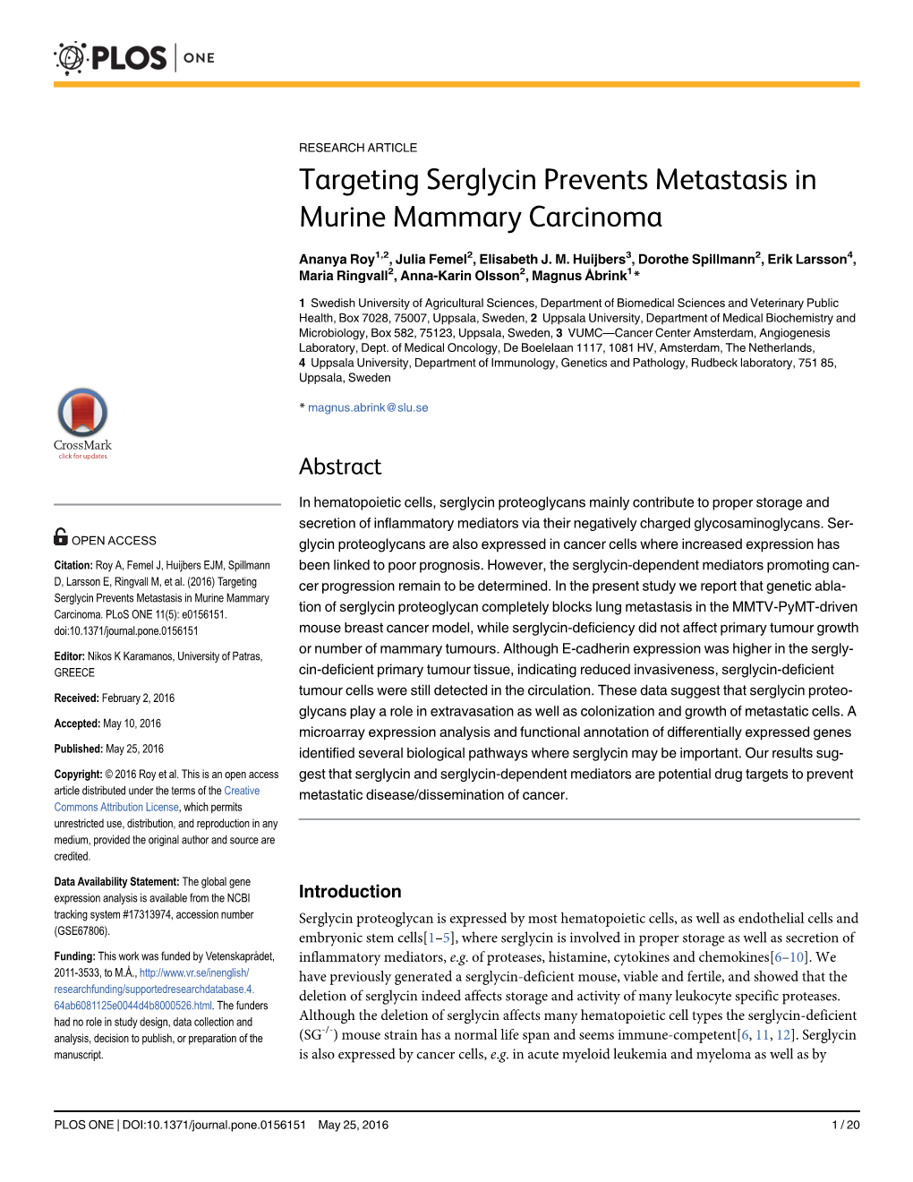 Targeting Serglycin Prevents Metastasis in Murine Mammary Carcinoma