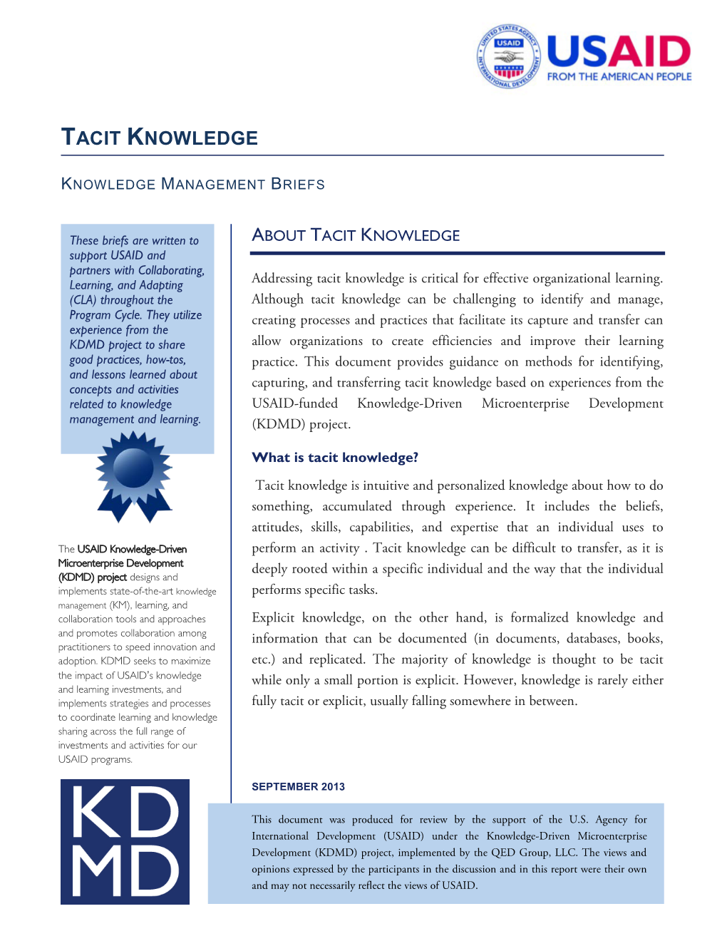Tacit Knowledge: Knowledge Management Briefs
