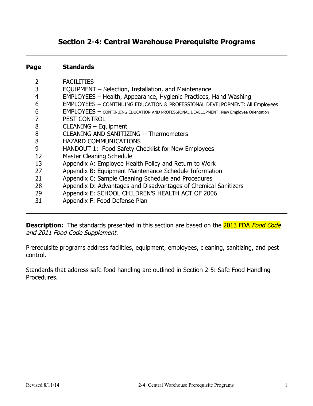 Section 2-4: Central Warehouse Prerequisite Programs s1