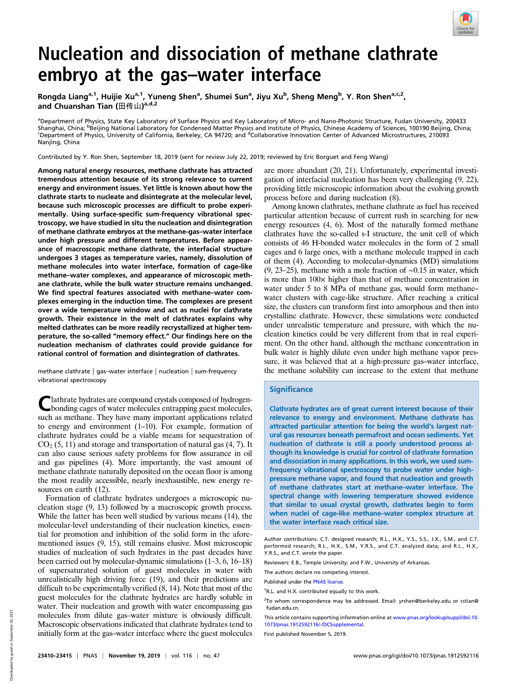 Nucleation and Dissociation of Methane Clathrate Embryo at the Gas–Water Interface