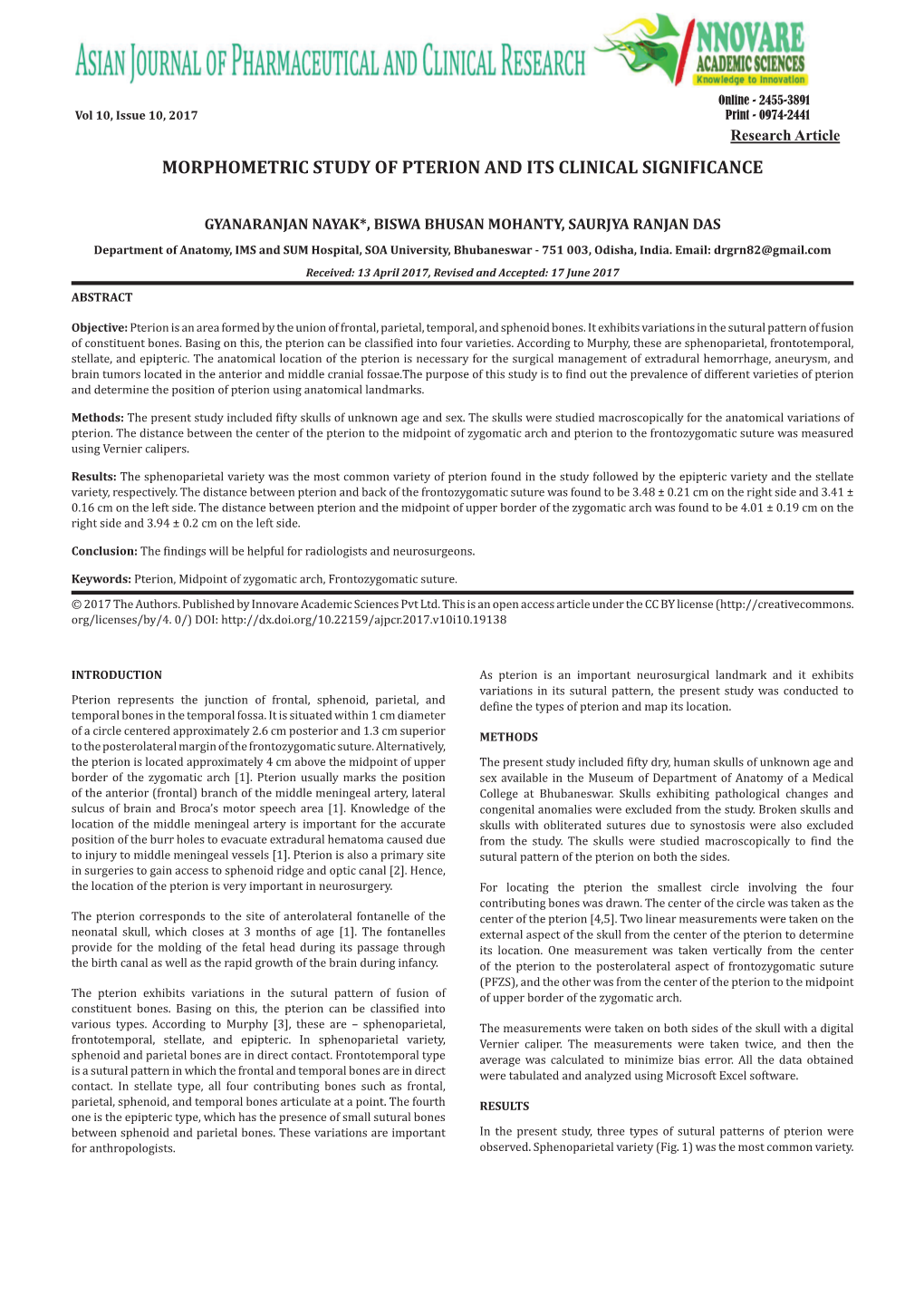 Morphometric Study of Pterion and Its Clinical Significance