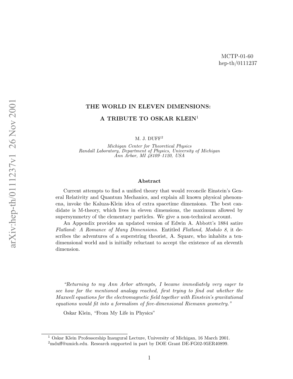 Hep-Th/0111237V1 26 Nov 2001 2 1 Dﬀuiheu Eerhspotdi Atb O Rn DE- Grant DOE by Part in Supported Research Mduﬀ@Umich.Edu