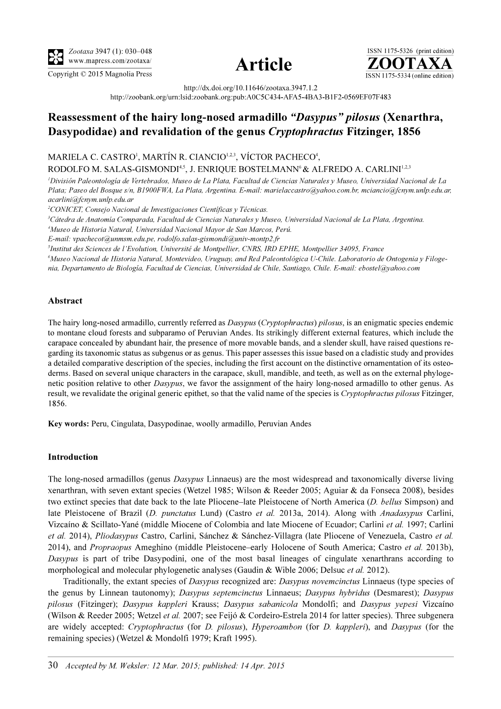 “Dasypus” Pilosus (Xenarthra, Dasypodidae) and Revalidation of the Genus Cryptophractus Fitzinger, 1856