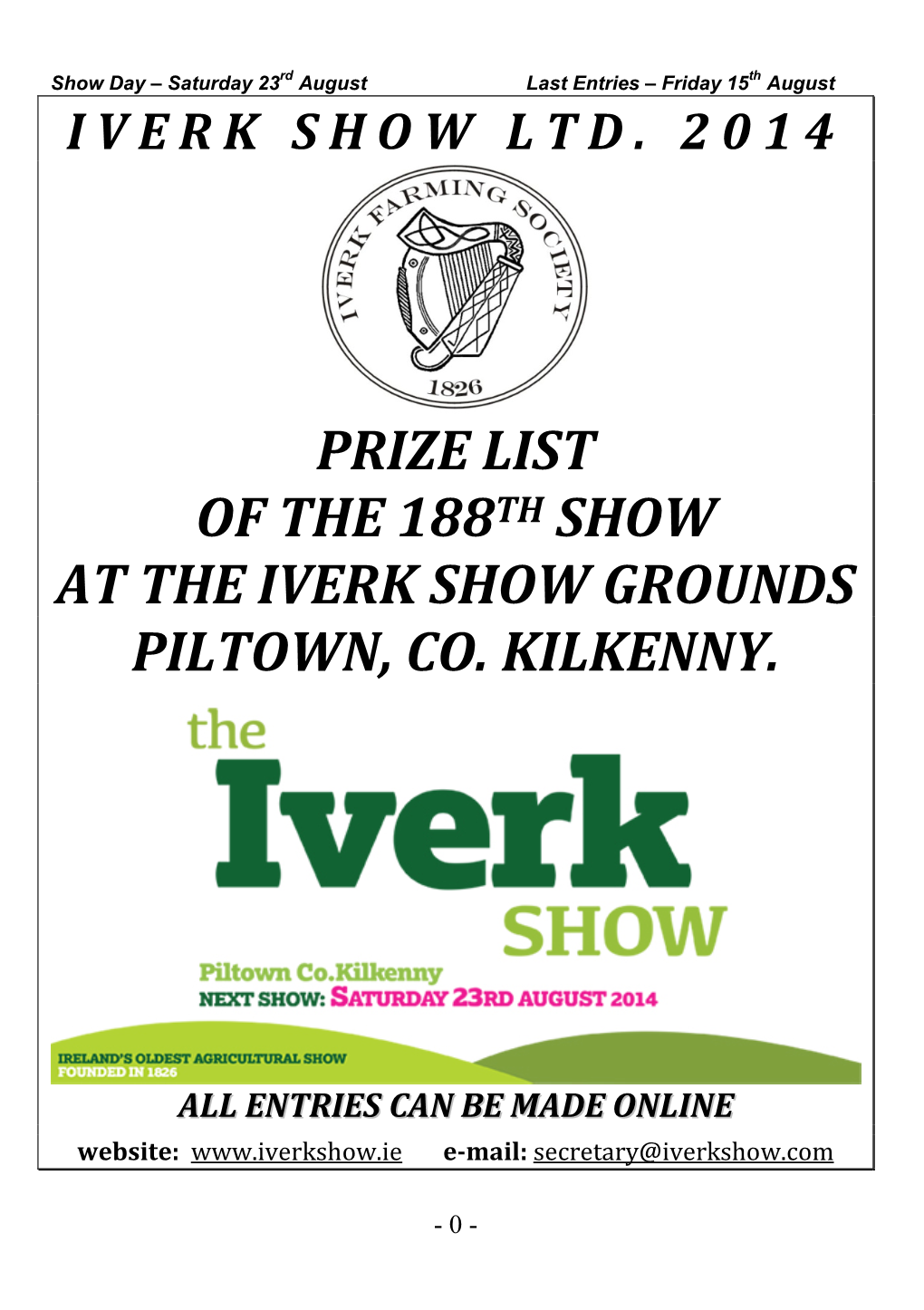 Prize List of the 188Th Show at the Iverk Show Grounds Piltown, Co