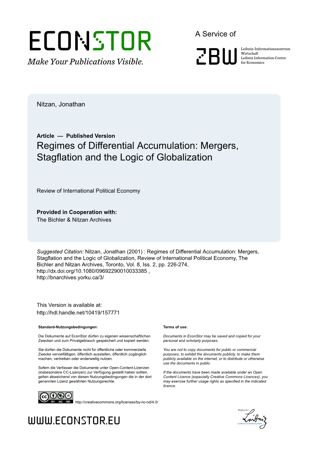 Regimes of Differential Accumulation: Mergers, Stagflation and the Logic of Globalization