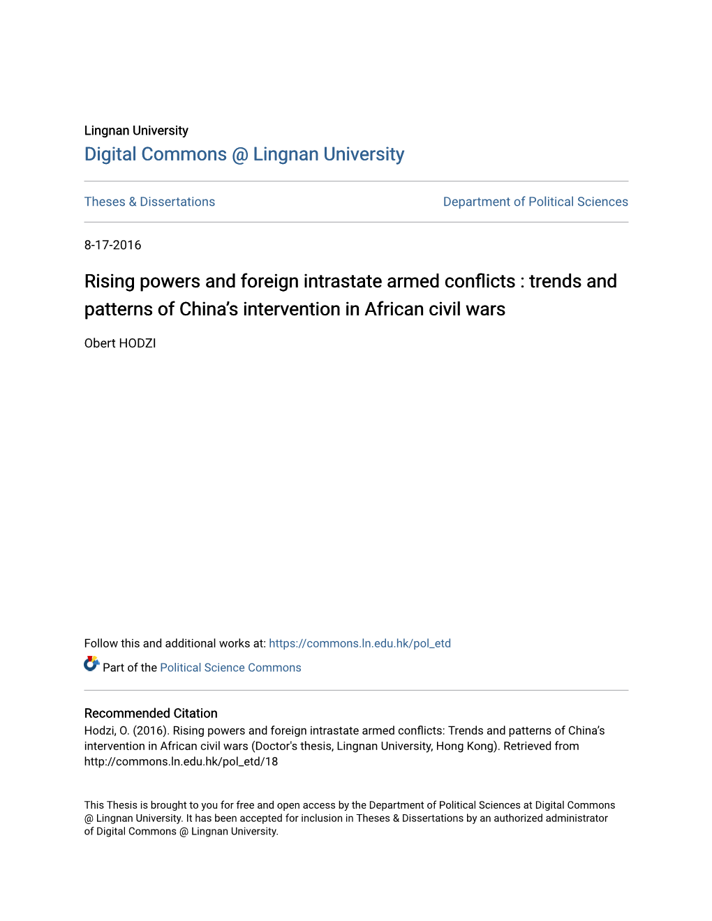 Rising Powers and Foreign Intrastate Armed Conflicts : Trends and Patterns of Chinaâ•Žs Intervention in African Civil Wars