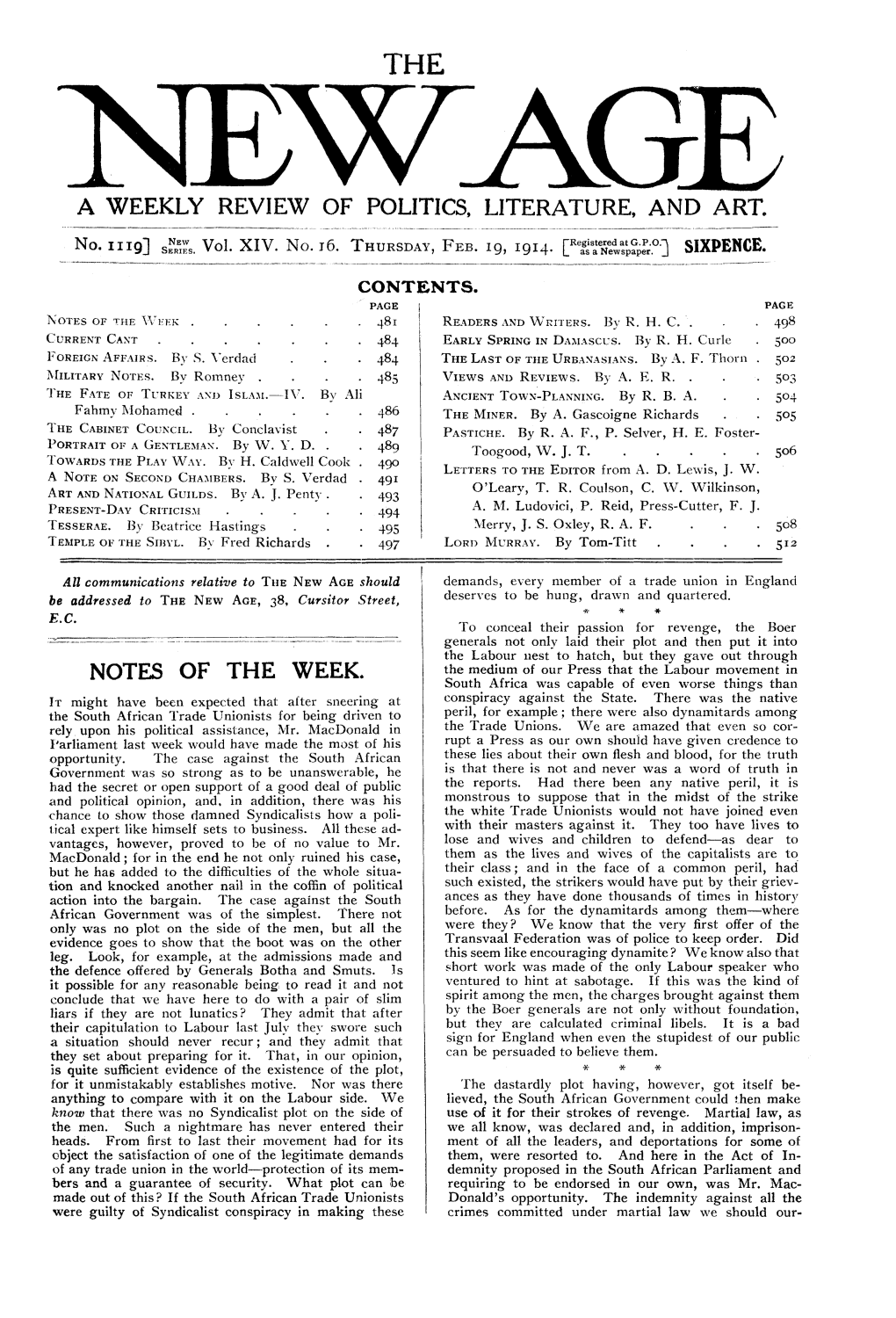 New Age, Vol. 14, No. 16, Feb. 19, 1914