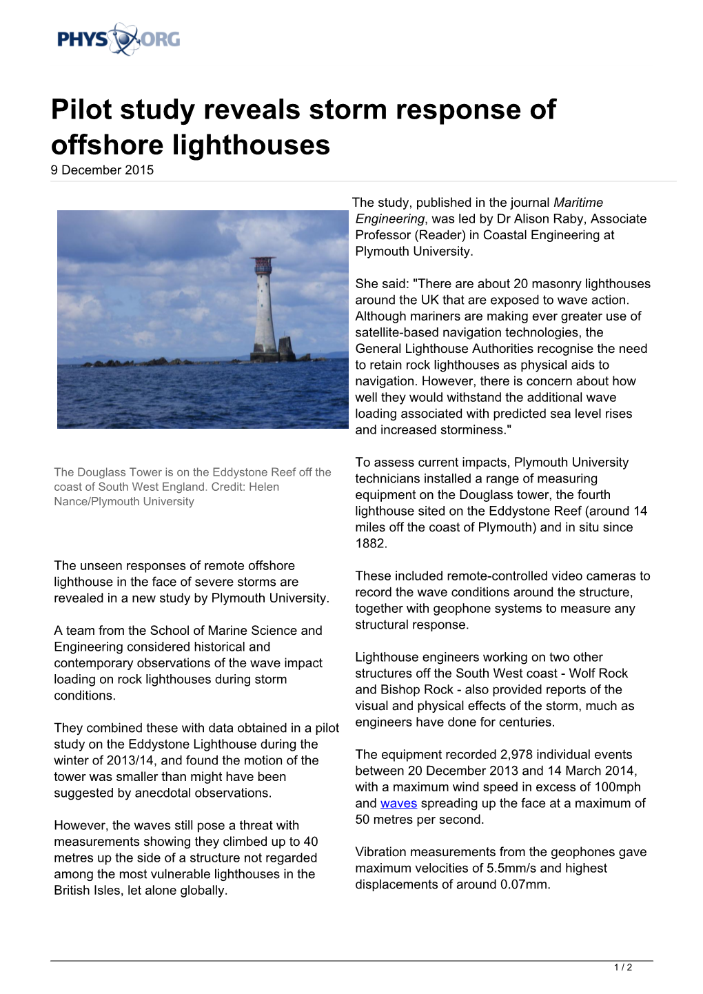 Pilot Study Reveals Storm Response of Offshore Lighthouses 9 December 2015