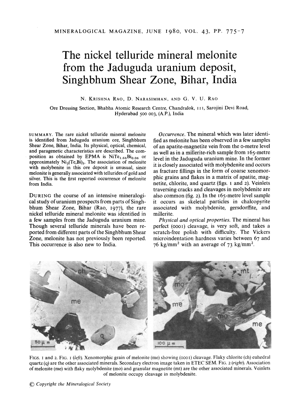 The Nickel Telluride Mineral Melonite from the Jaduguda Uranium Deposit, Singhbhum Shear Zone, Bihar, India