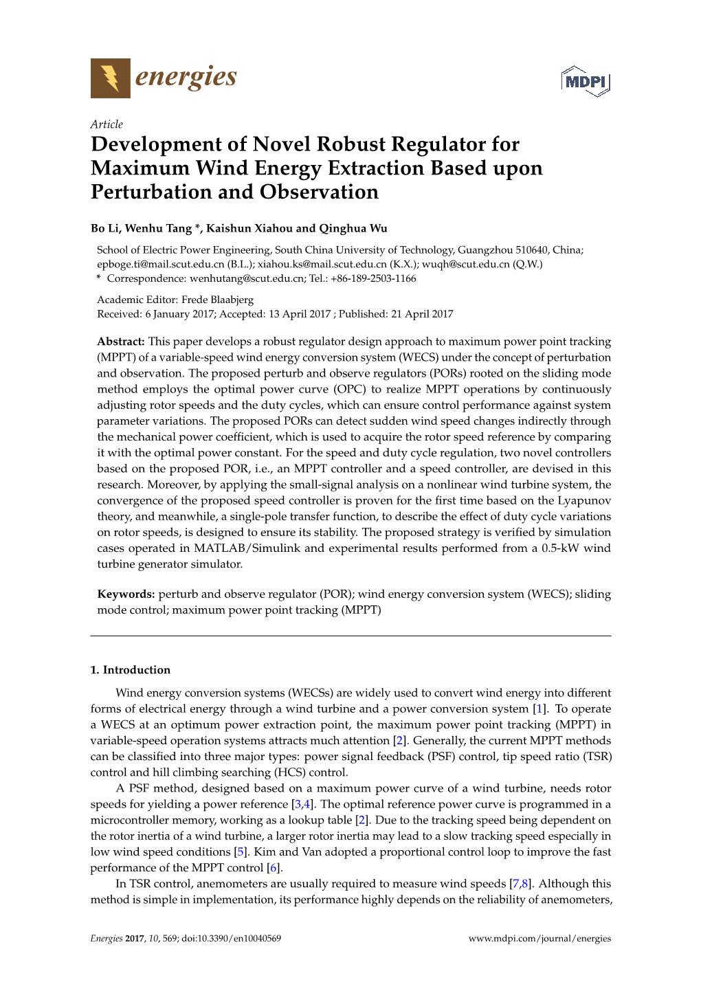 Development of Novel Robust Regulator for Maximum Wind Energy Extraction Based Upon Perturbation and Observation