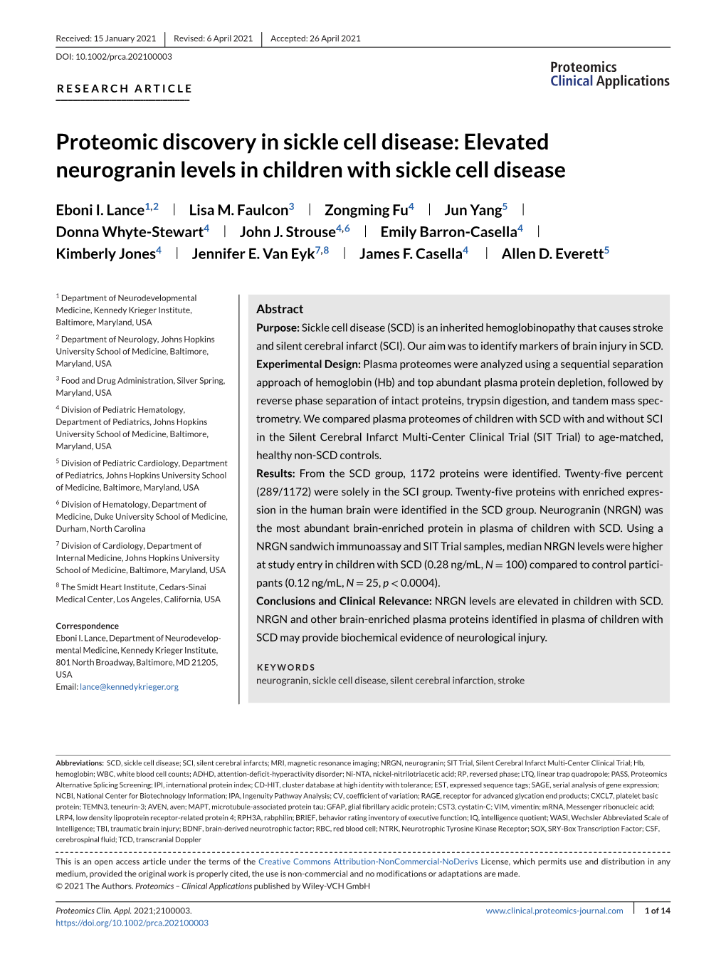 Proteomic Discovery in Sickle Cell Disease: Elevated Neurogranin Levels in Children with Sickle Cell Disease