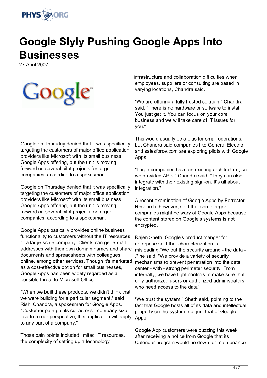 Google Slyly Pushing Google Apps Into Businesses 27 April 2007