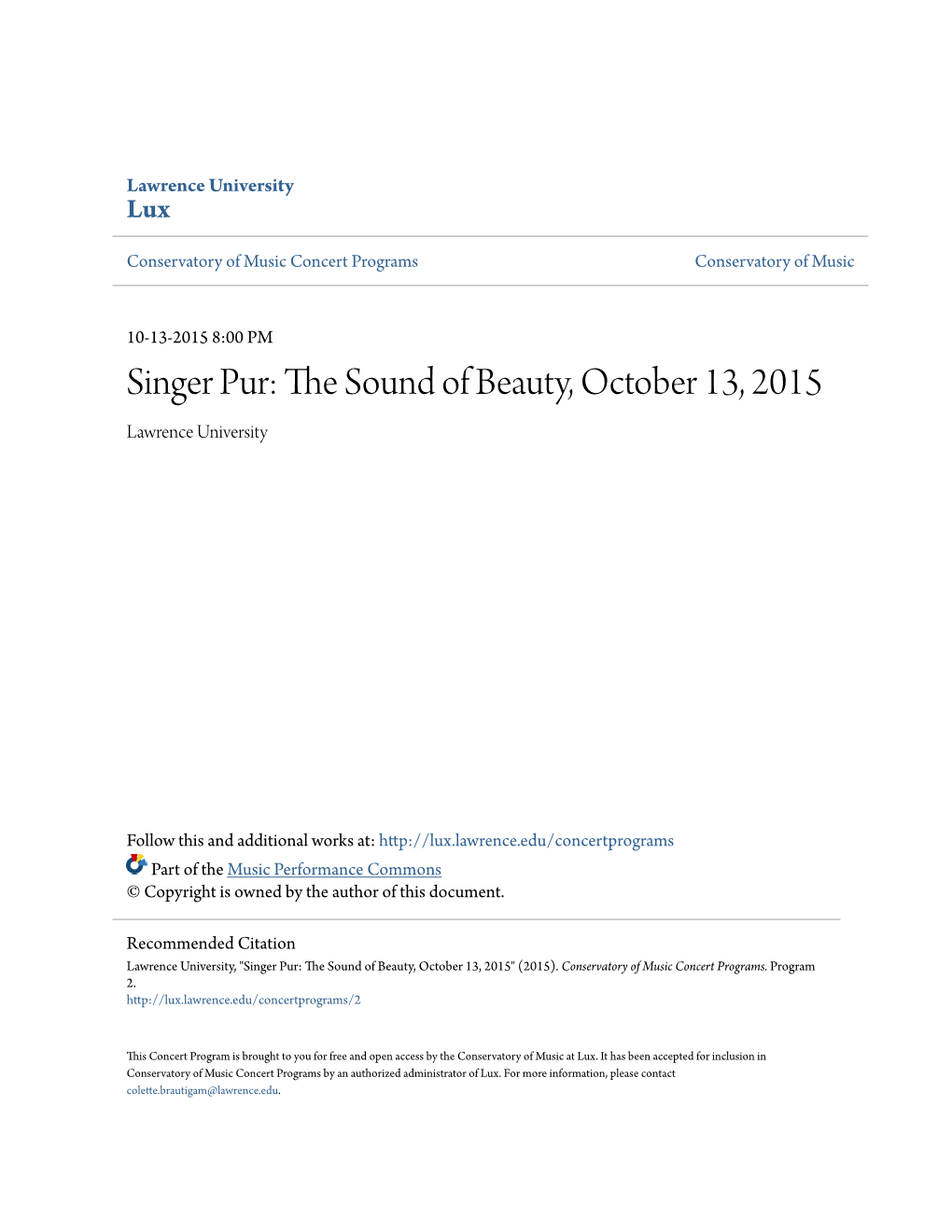 Singer Pur: the Ounds of Beauty, October 13, 2015 Lawrence University