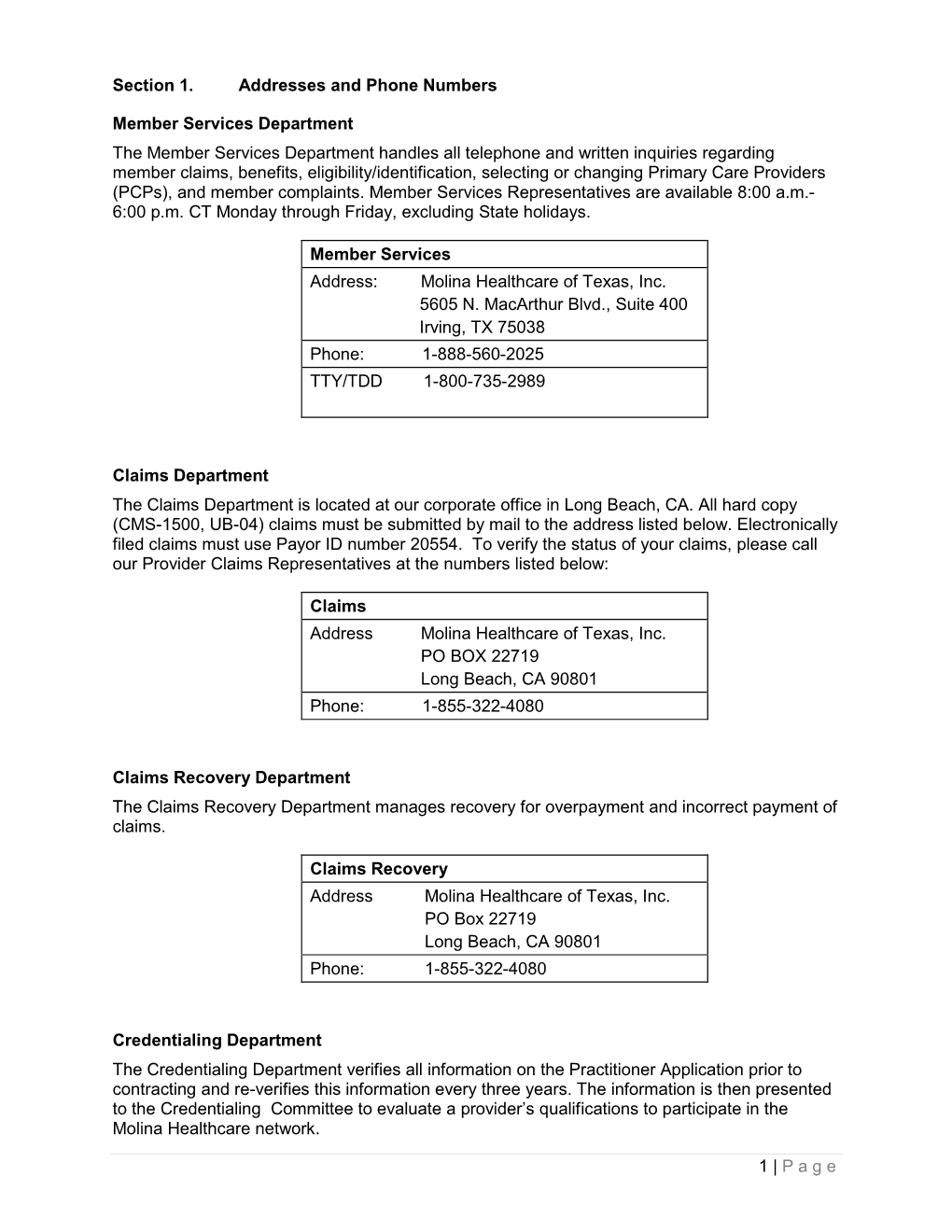 Page Section 1. Addresses and Phone Numbers Member Services