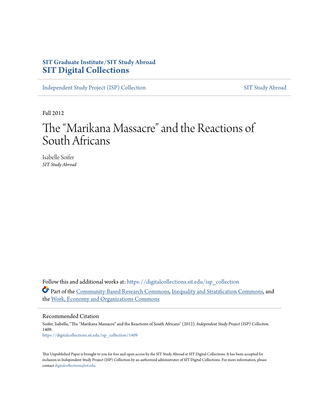 Marikana Massacre” and the Reactions of South Africans Isabelle Soifer SIT Study Abroad