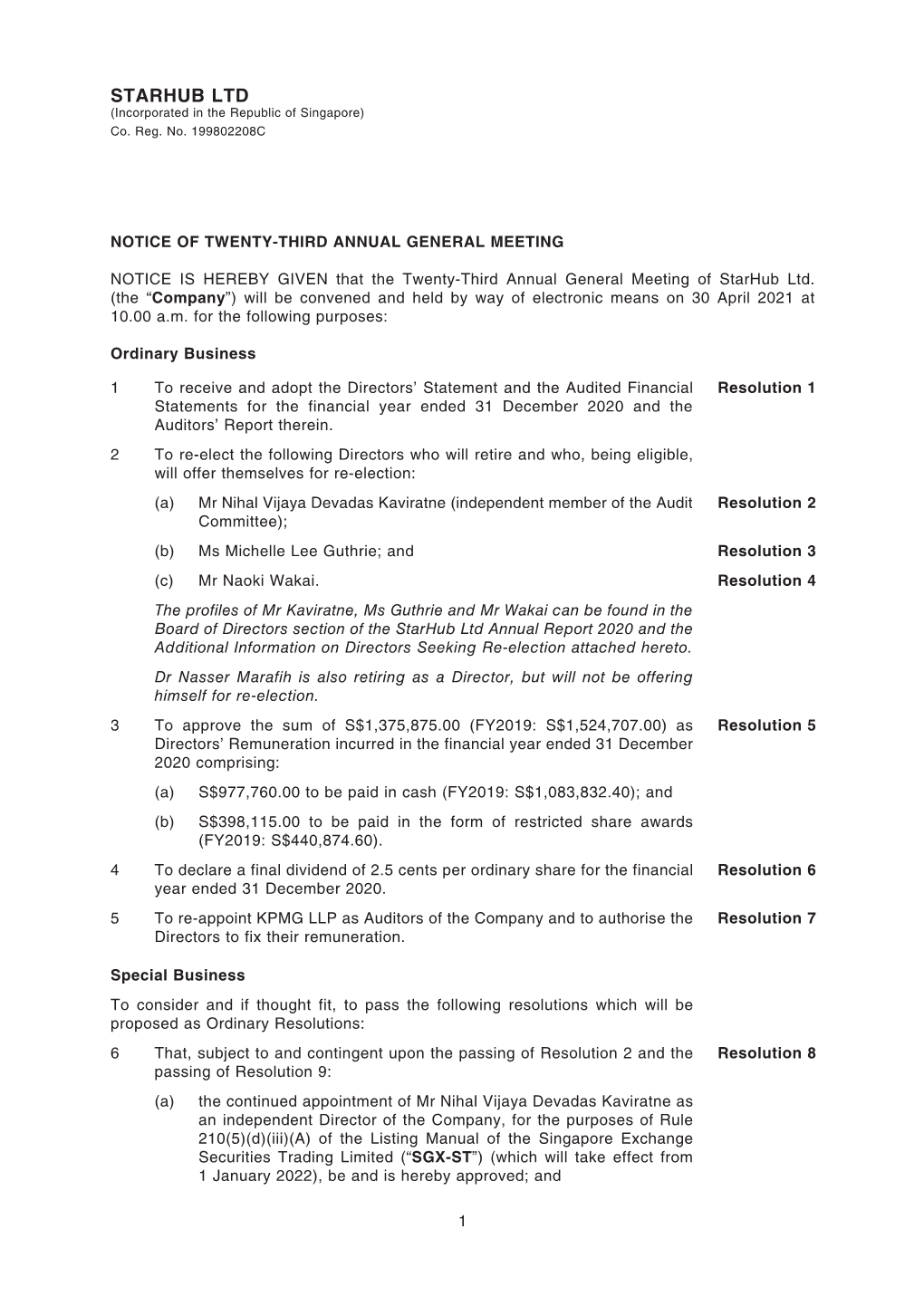STARHUB LTD (Incorporated in the Republic of Singapore) Co