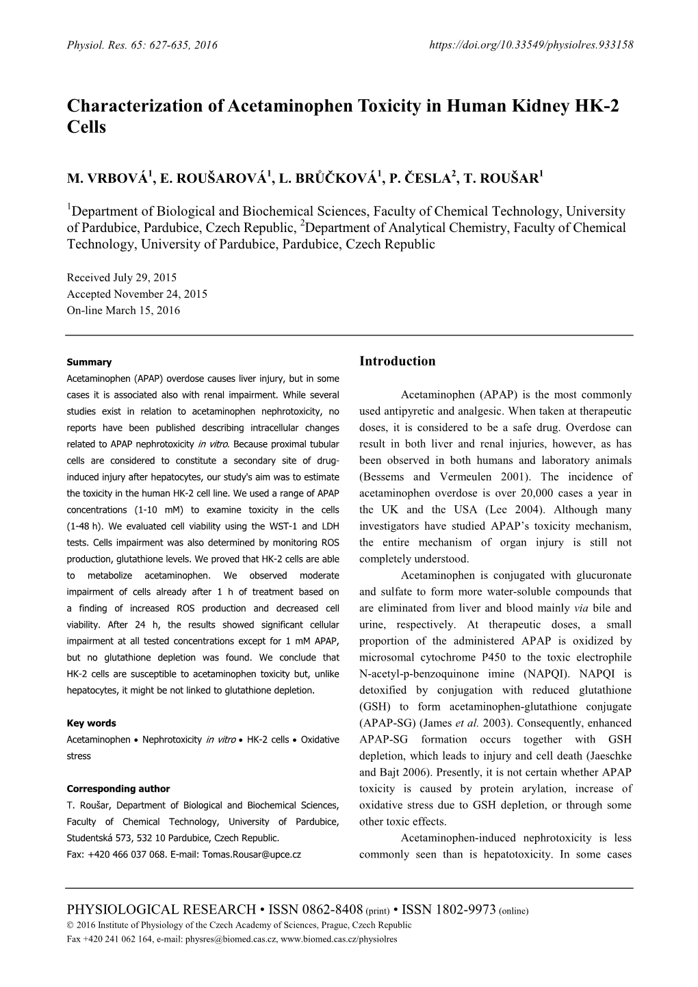 Characterization of Acetaminophen Toxicity in Human Kidney HK-2 Cells