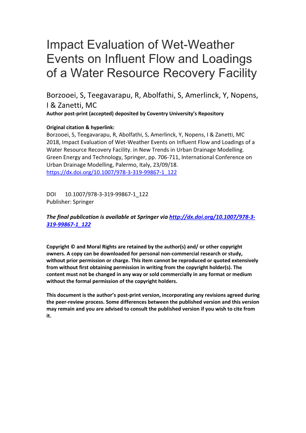 Impact Evaluation of Wet-Weather Events on Influent Flow and Loadings of a Water Resource Recovery Facility