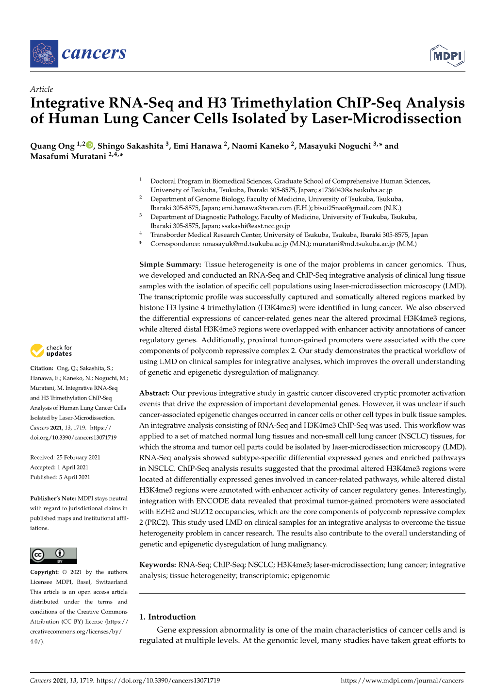 Integrative RNA-Seq and H3 Trimethylation Chip-Seq Analysis of Human Lung Cancer Cells Isolated by Laser-Microdissection