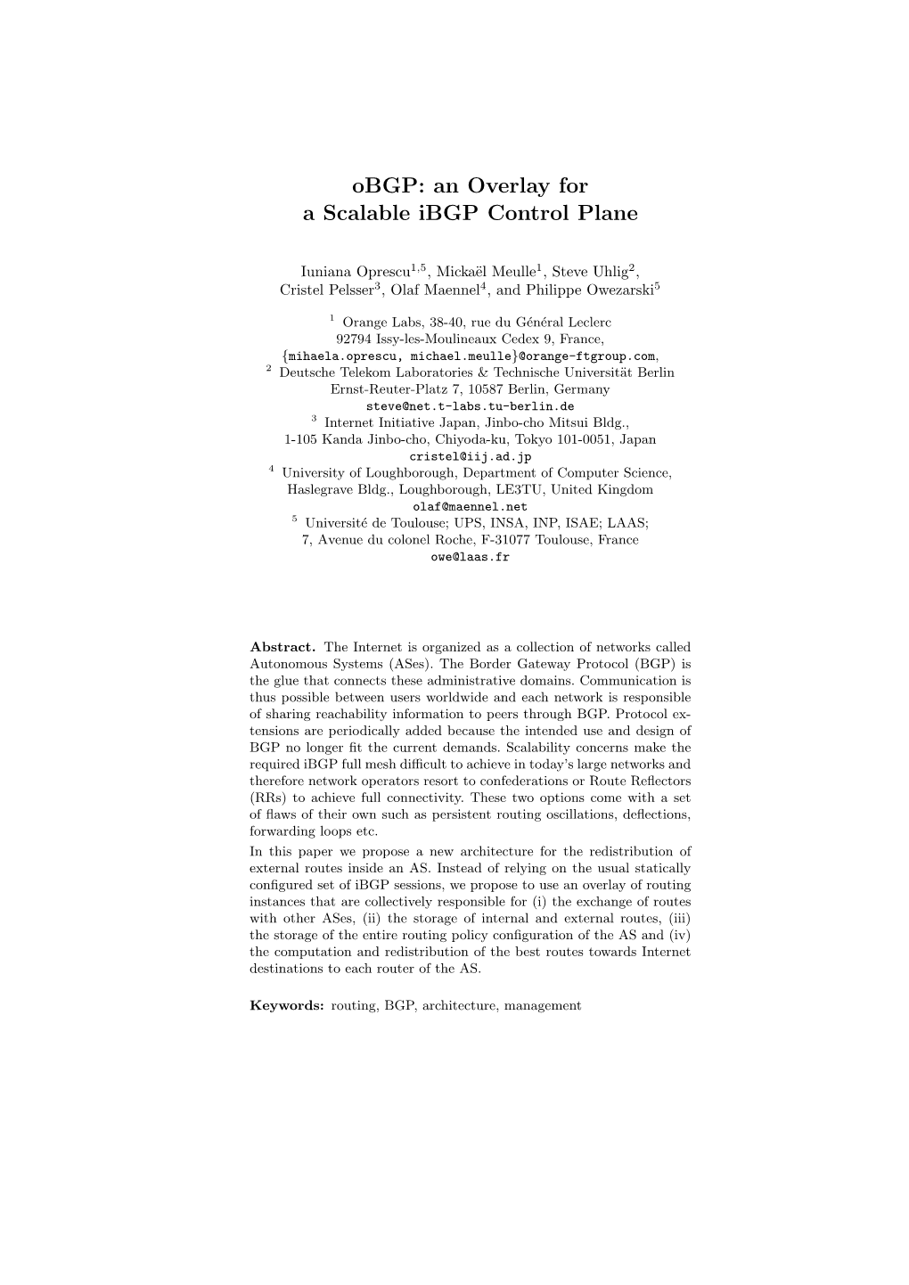 Obgp: an Overlay for a Scalable Ibgp Control Plane