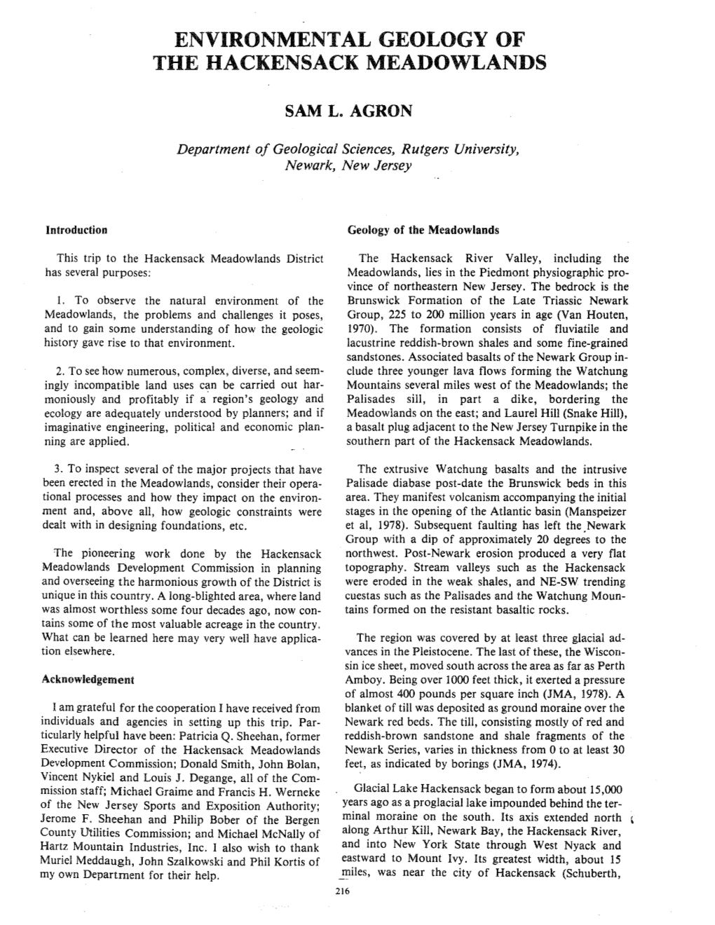 Environmental Geology of the Hackensack Meadowlands