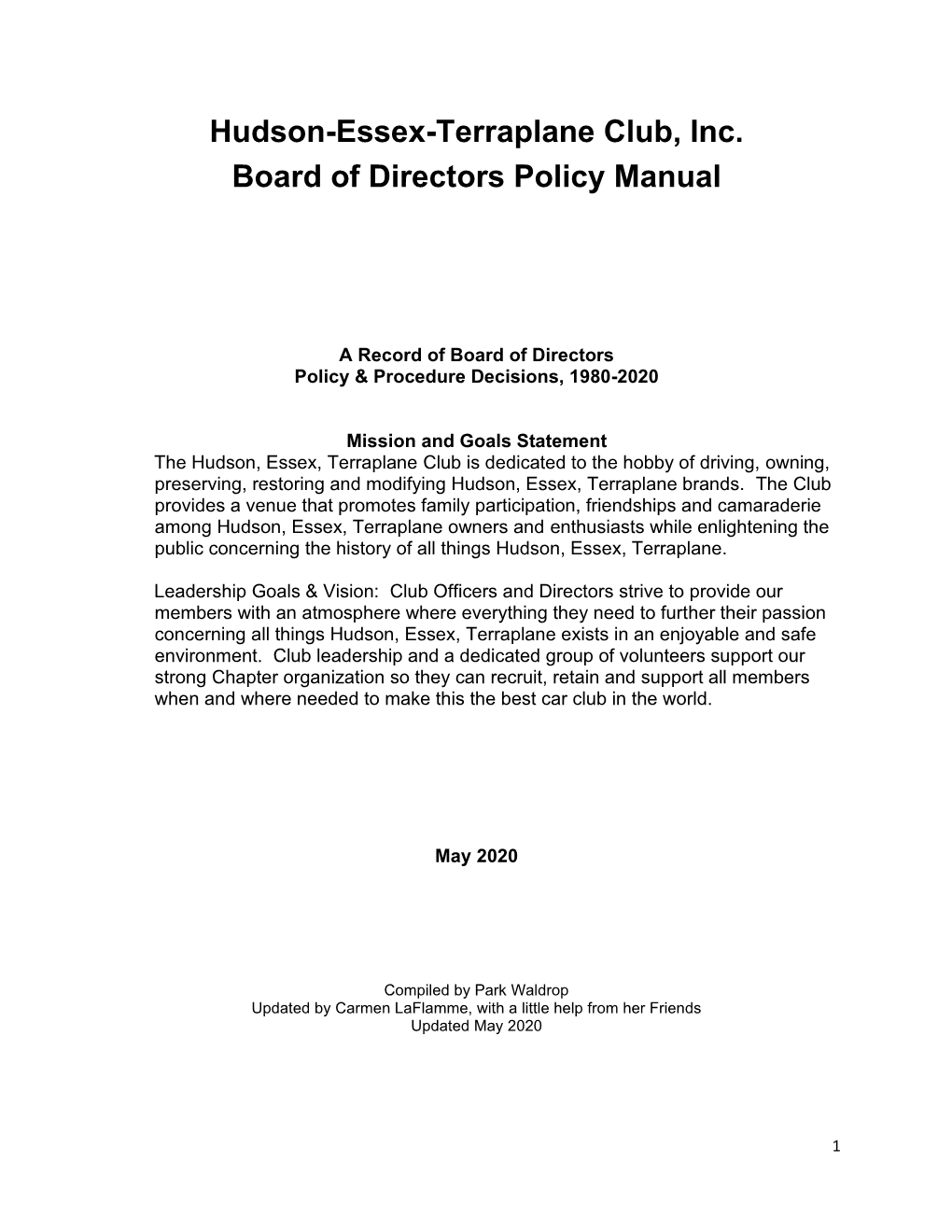 Hudson-Essex-Terraplane Club, Inc. Board of Directors Policy Manual