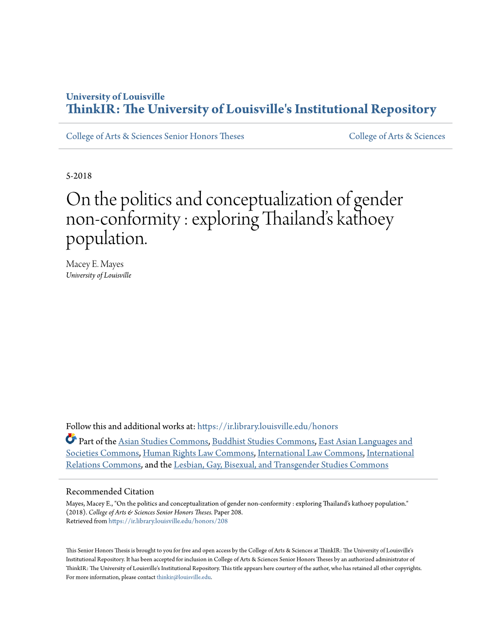 On the Politics and Conceptualization of Gender Non-Conformity : Exploring Thailand’S Kathoey Population