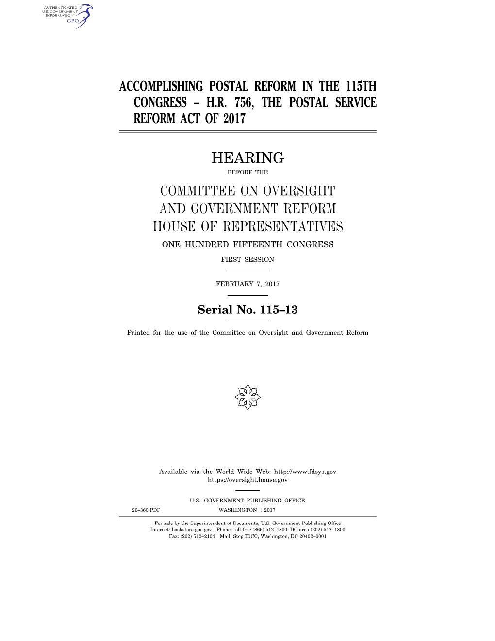 Accomplishing Postal Reform in the 115Th Congress – H.R