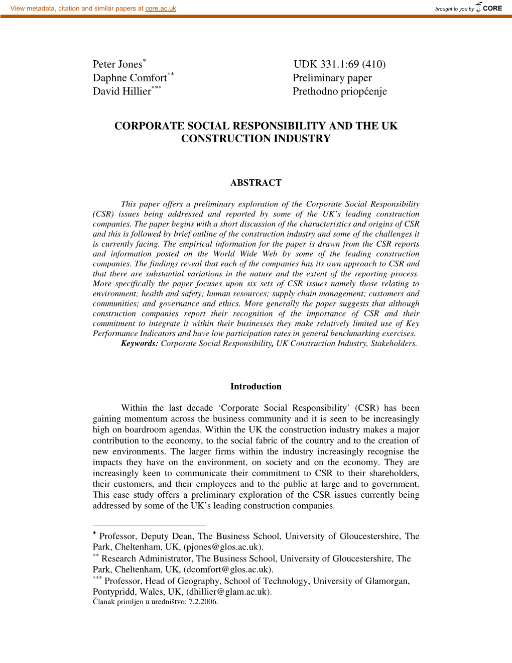 Peter Jones∗ UDK 331.1:69 (410) Daphne Comfort∗∗ Preliminary Paper David Hillier∗∗∗ Prethodno Priopćenje CORPORATE