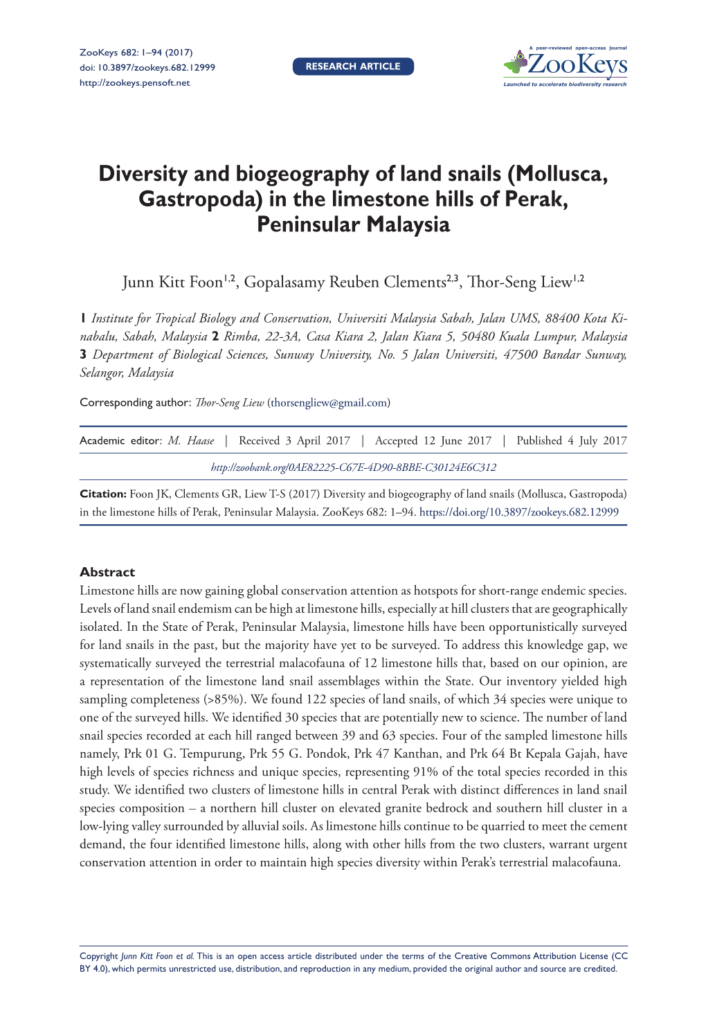 Diversity and Biogeography of Land Snails (Mollusca, Gastropoda) in the Limestone Hills of Perak, Peninsular Malaysia