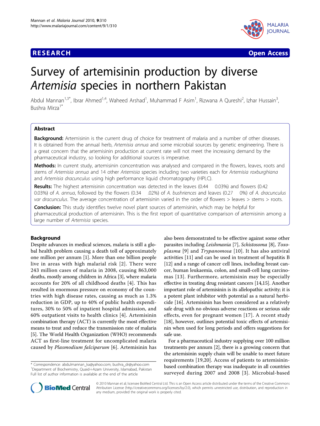 Survey of Artemisinin Production by Diverse Artemisia Species in Northern Pakistan