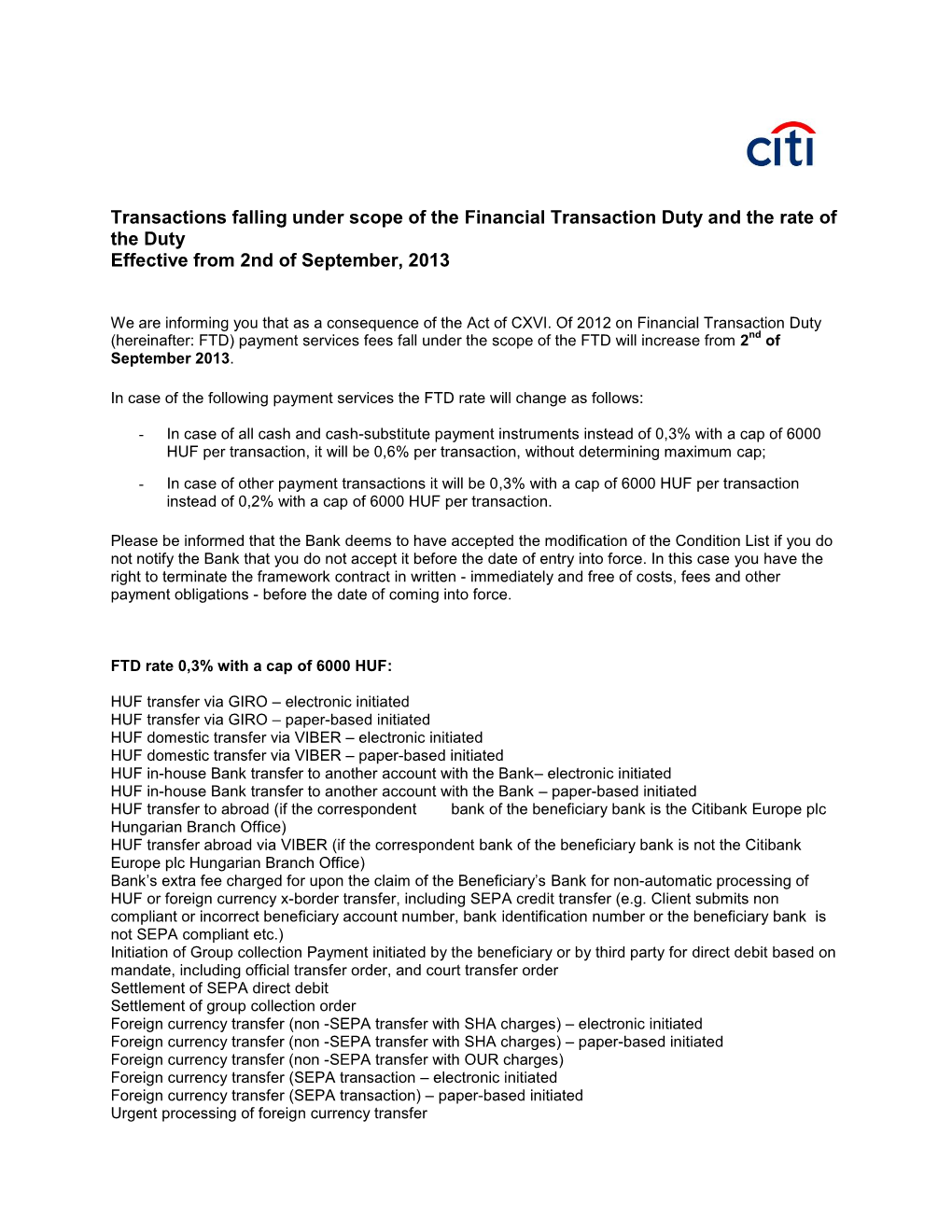 Transactions Falling Under Scope of the Financial Transaction Duty and the Rate of the Duty Effective from 2Nd of September, 2013