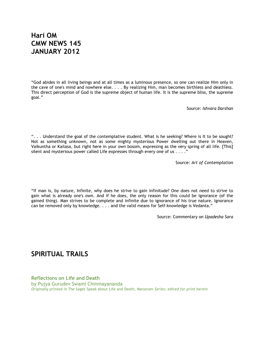 Hari OM CMW NEWS 145 JANUARY 2012 SPIRITUAL TRAILS