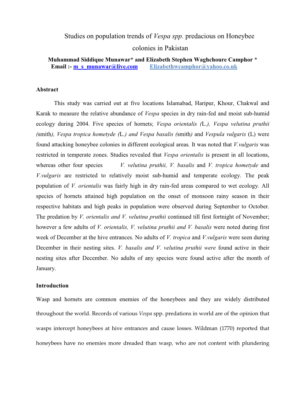 Studies on Population Trends of Vespa Spp. Predacious on Honeybee