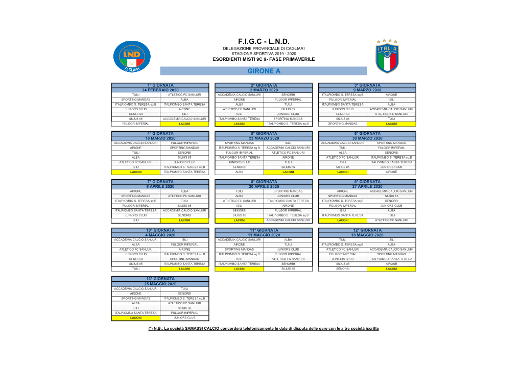 Calendario ESORDIENTI MISTI PRIMAVERA 2019-2020