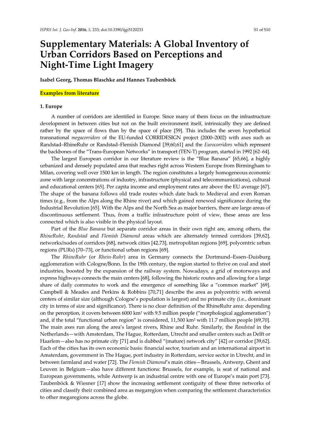 A Global Inventory of Urban Corridors Based on Perceptions and Night-Time Light Imagery