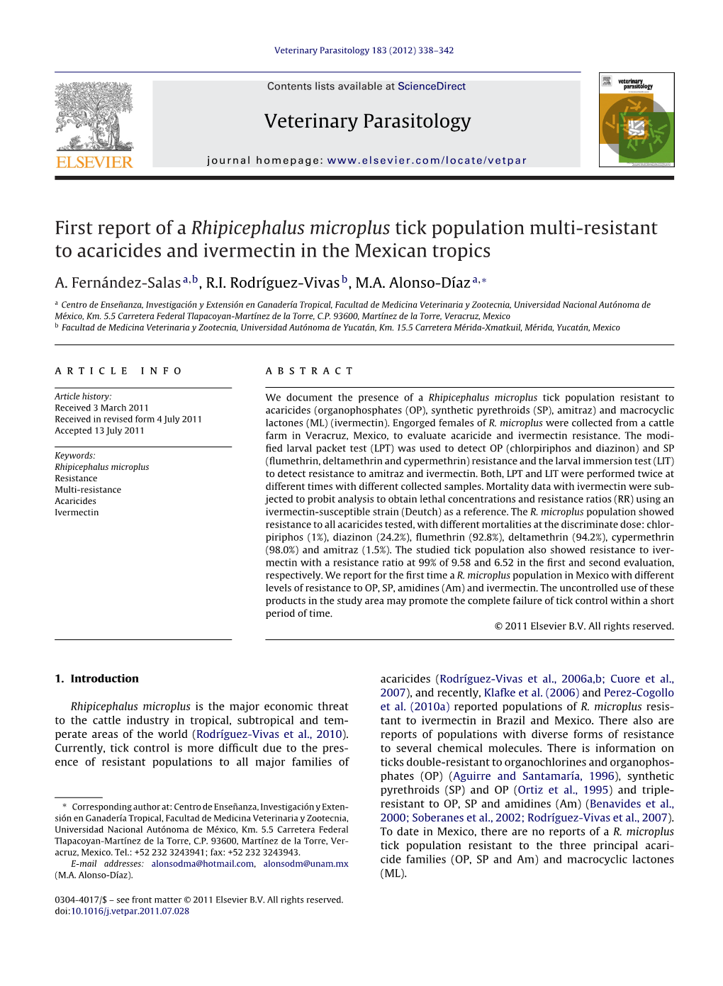 First Report of a Rhipicephalus Microplus Tick Population Multi-Resistant