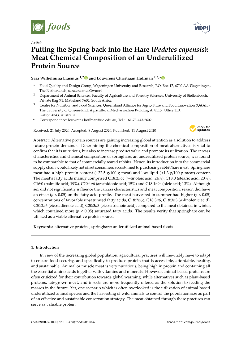 Pedetes Capensis): Meat Chemical Composition of an Underutilized Protein Source