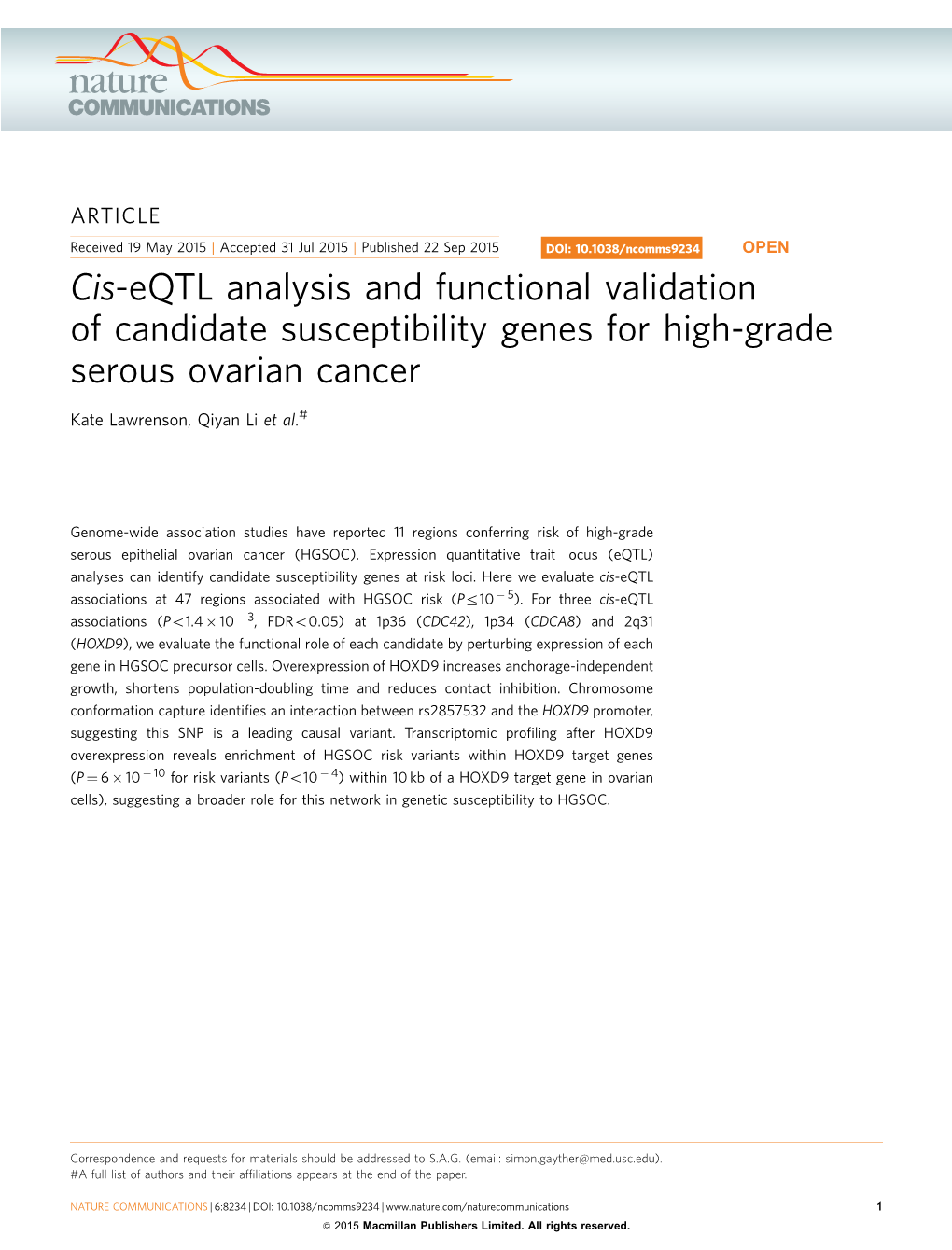 Cis-Eqtl Analysis and Functional Validation of Candidate Susceptibility Genes for High-Grade Serous Ovarian Cancer