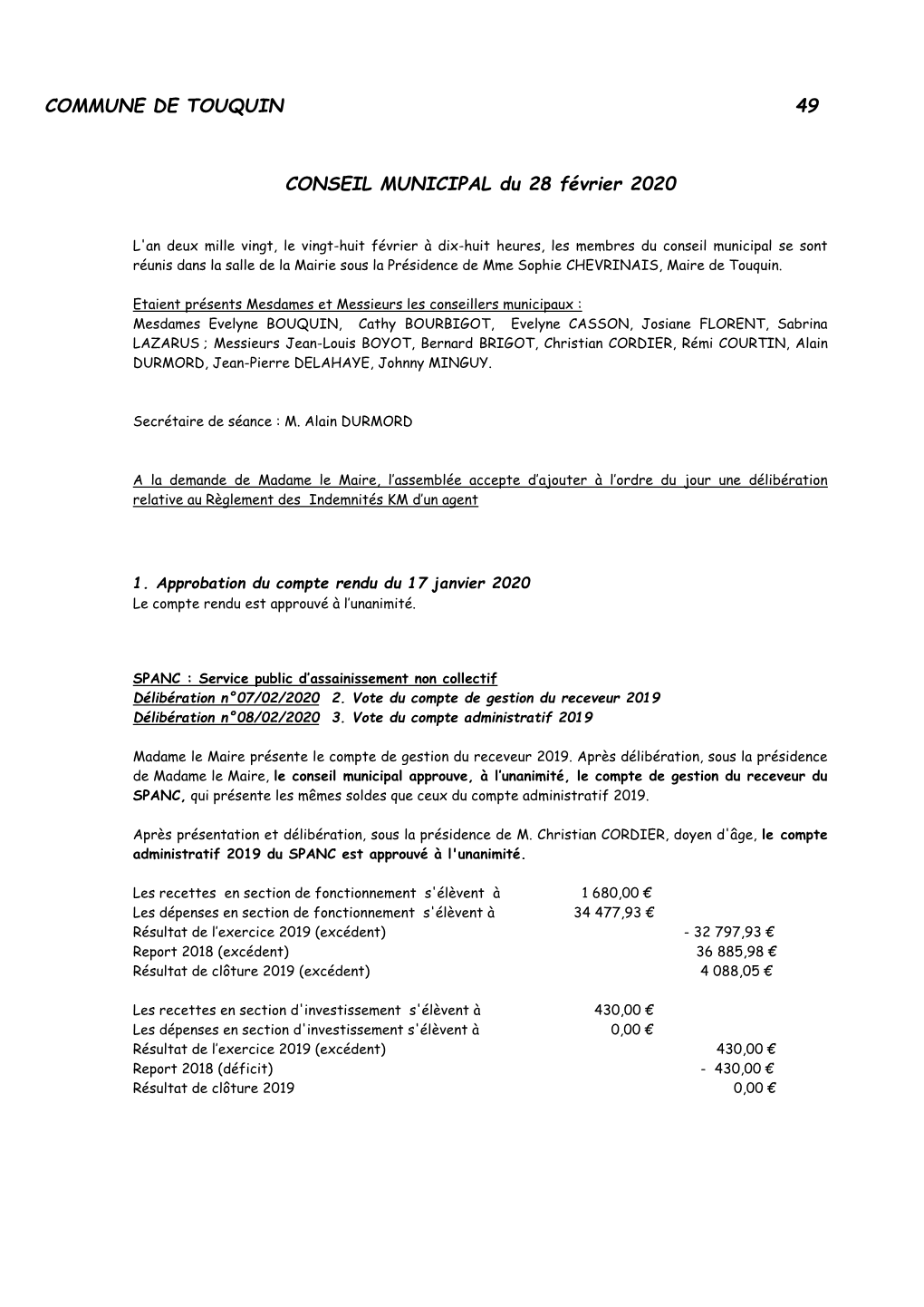 COMMUNE DE TOUQUIN 49 CONSEIL MUNICIPAL Du 28 Février