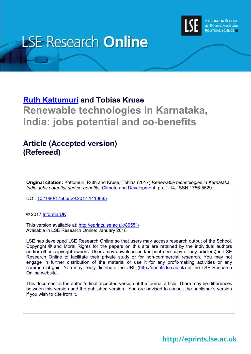 Renewable Technologies in Karnataka, India: Jobs Potential and Co-Benefits