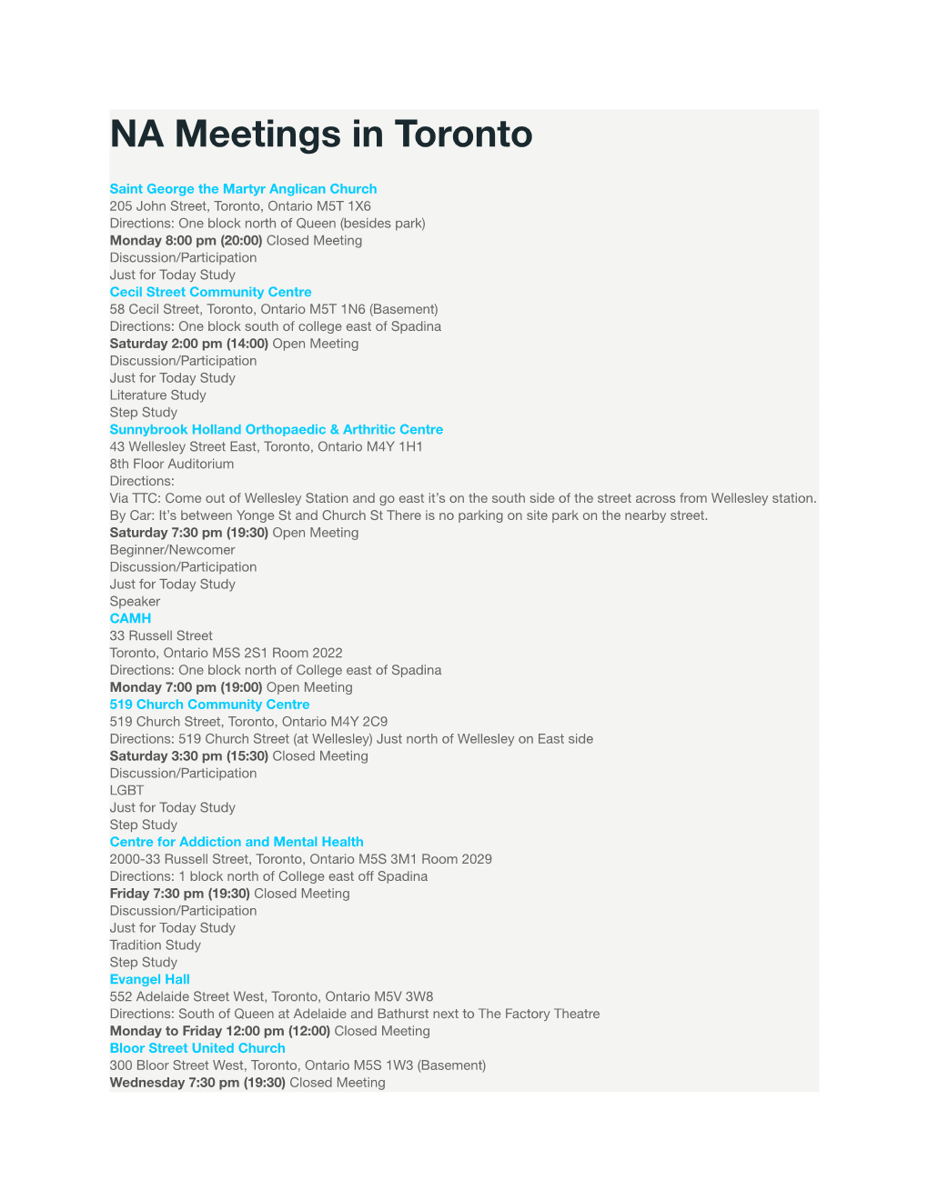 NA Meetings in Toronto July 16.Docx